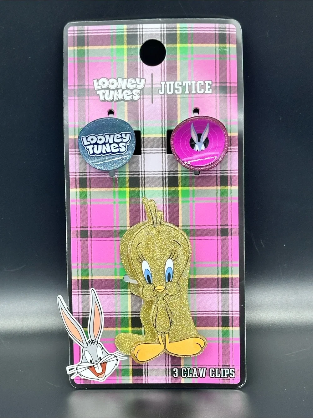 Justice Looney Tunes Plaid Hair Clip Set in Pink, Gold, Purple